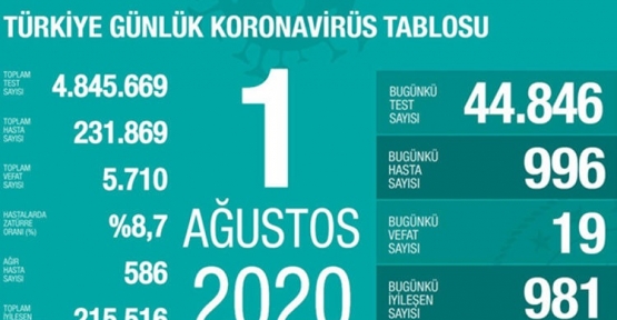 01 Ağustos Koronavirüs Tablosu
