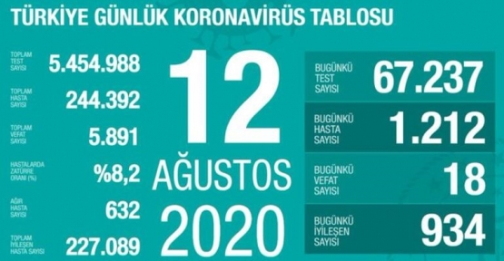 12 Ağustos Koronavirüs Tablosu