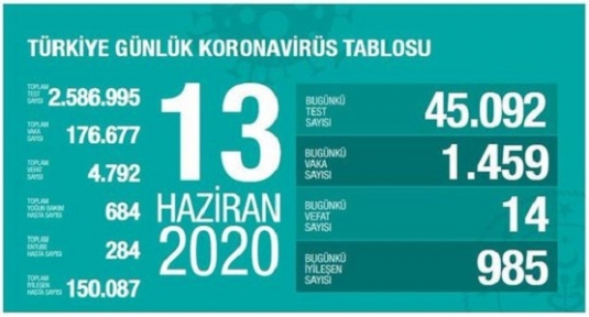 13 Haziran Koronavirüs tablosu