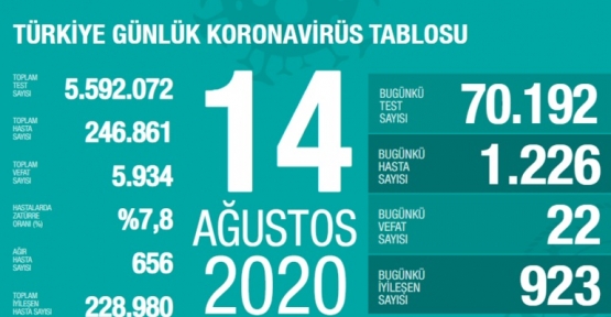 14 Ağustos Koronavirüs Tablosu