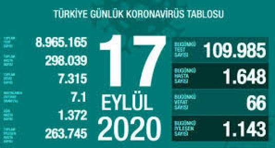 17 Eylül Koronavirüs Tablosu