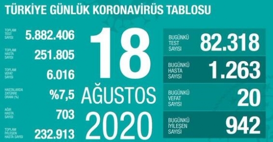 18 Ağustos Koronavirüs Tablosu