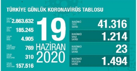 19 Haziran Koronavirüs tablosu