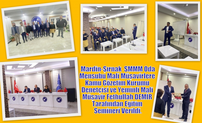 Mardin-Şırnak  SMMM oda mensubu Mali Müşavirlere  Kamu Gözetim Kurumu Denetçisi ve Yeminli Mali Müşavir Fethullah DEMİR tarafından eğitim semineri verildi.