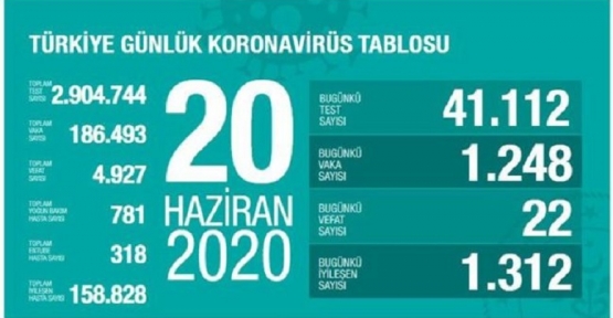 20 Haziran Koronavirüs tablosu