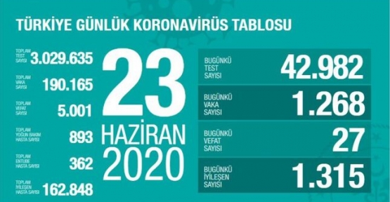 23 Haziran Koronavirüs tablosu