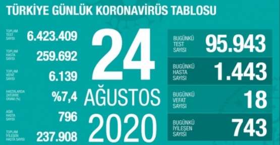 24 Ağustos Koronavirüs Tablosu