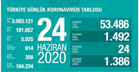 24 Haziran Koronavirüs tablosu