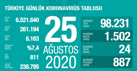 25 Ağustos Koronavirüs Tablosu