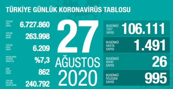 27 Ağustos Koronavirüs Tablosu