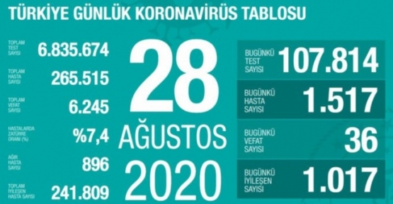 28 Ağustos Koronavirüs Tablosu