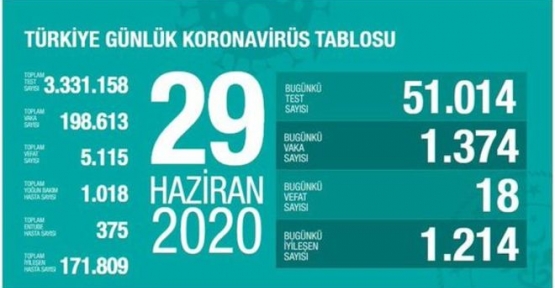 29 Haziran Koronavirüs tablosu