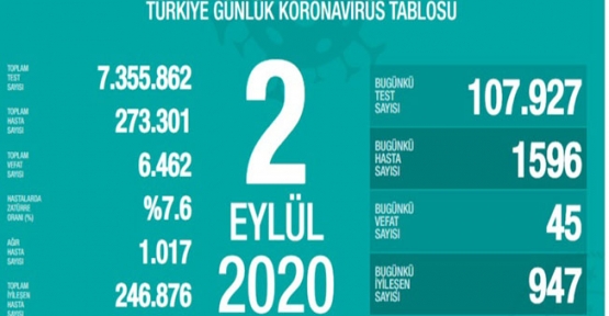 2 EYLÜL KORONAVİRÜS TABLOSU