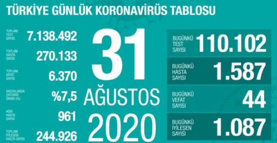 31 Ağustos Koronavirüs Tablosu