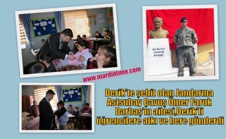 Derik'te şehit olan Jandarma Astsubay Çavuş Ömer Faruk Darbaş’ın ailesi,Derik’li öğrencilere atkı ve bere gönderdi