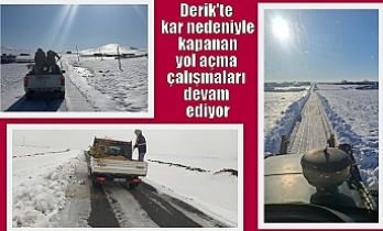 Derik'te kar nedeniyle kapanan yol açma çalışmaları devam ediyor