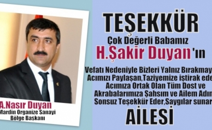 Duyan  Ailesinin Taziye Teşekkür Mesajı